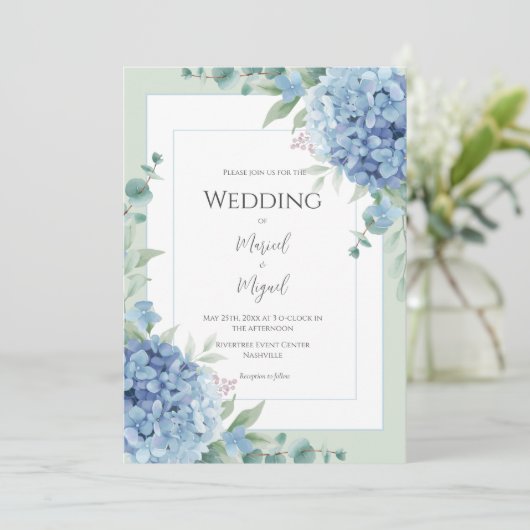 Blue Hydrangeas Floral Photo Elegant Wedding Einladung (Stehend Vorderseite)