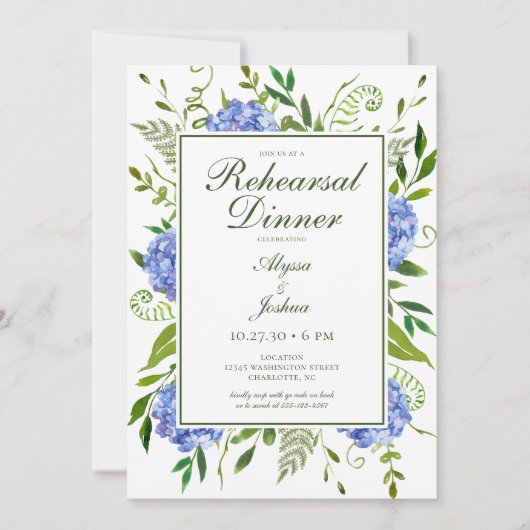 Blue Hydrangeas Floral Probe Abendessen Einladung (Vorderseite)