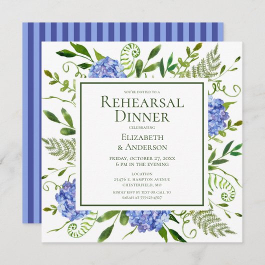 Blue Hydrangeas Floral Probe Abendessen Einladung (Vorne/Hinten)