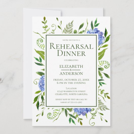 Blue Hydrangeas Floral Probe Abendessen Einladung (Vorderseite)