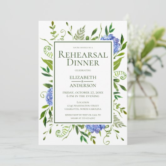 Blue Hydrangeas Floral Probe Abendessen Einladung (Stehend Vorderseite)