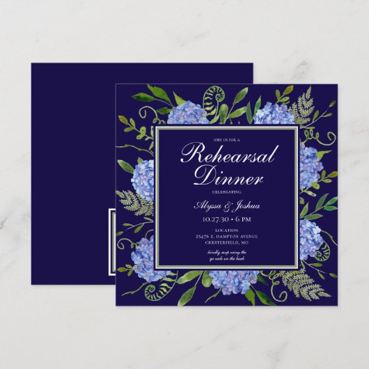 Blue Hydrangeas Floral Probe Abendessen Einladung (Vorne/Hinten)