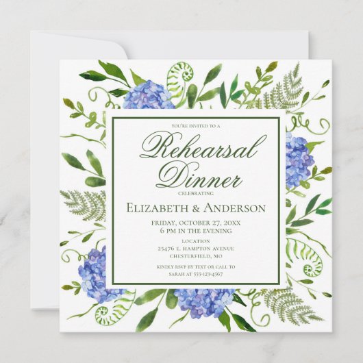 Blue Hydrangeas Floral Probe Abendessen Einladung (Vorderseite)