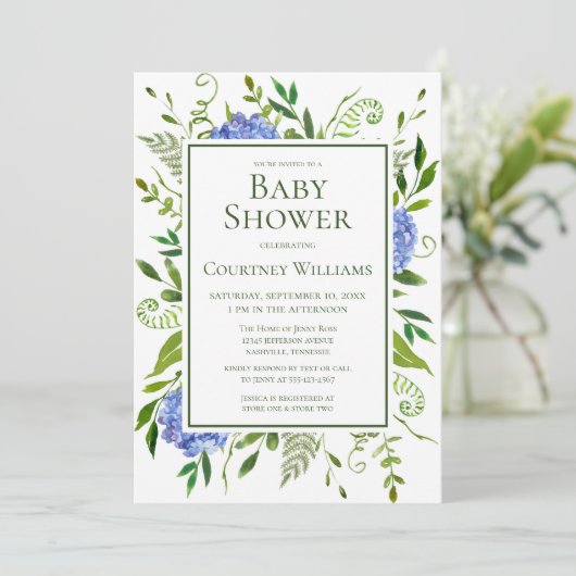 Blue Hydrangeas Floral Watercolor Babydusche Einladung (Stehend Vorderseite)