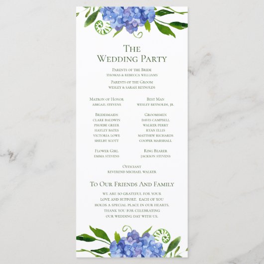 Blue Hydrangeas Floral Watercolor Hochzeitsprogram Programm (Rückseite)