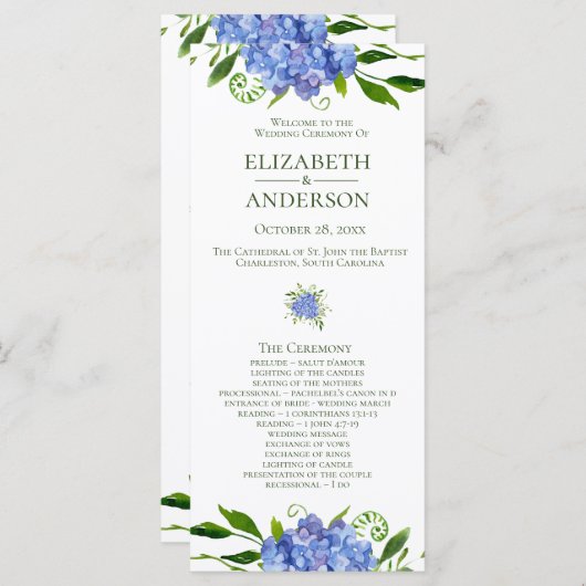 Blue Hydrangeas Floral Watercolor Hochzeitsprogram Programm (Vorne/Hinten)