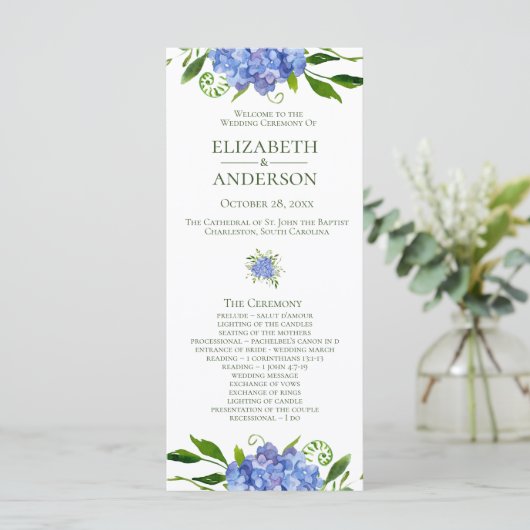 Blue Hydrangeas Floral Watercolor Hochzeitsprogram Programm (Stehend Vorderseite)