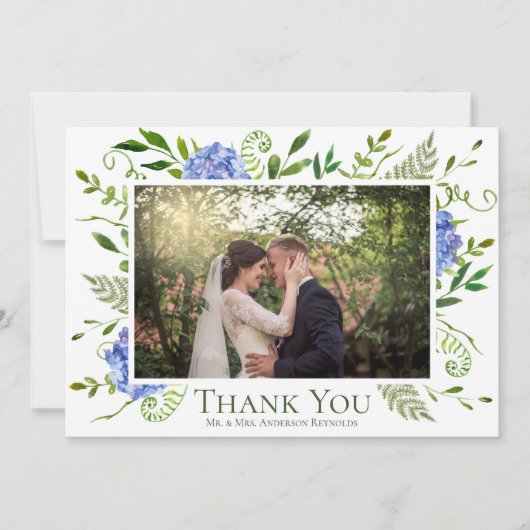 Blue Hydrangeas Floral Watercolor Wedding Foto Dankeskarte (Vorderseite)