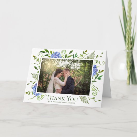 Blue Hydrangeas Floral Watercolor Wedding Foto Dankeskarte (Vorderseite)