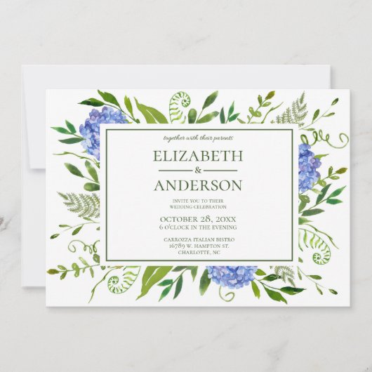 Blue Hydrangeas Floral Wedding Celebration Einladung (Vorderseite)
