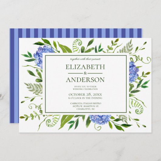 Blue Hydrangeas Floral Wedding Celebration Einladung (Vorne/Hinten)