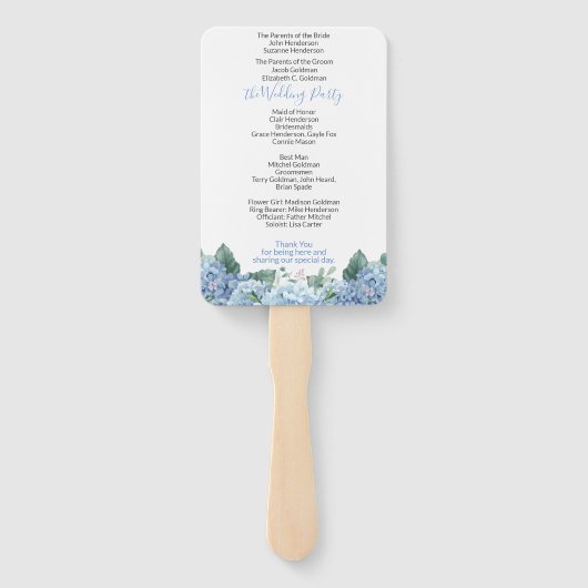 Blue Hydrangeas Floral Wedding Program Hand Fan Fächer (Rückseite)