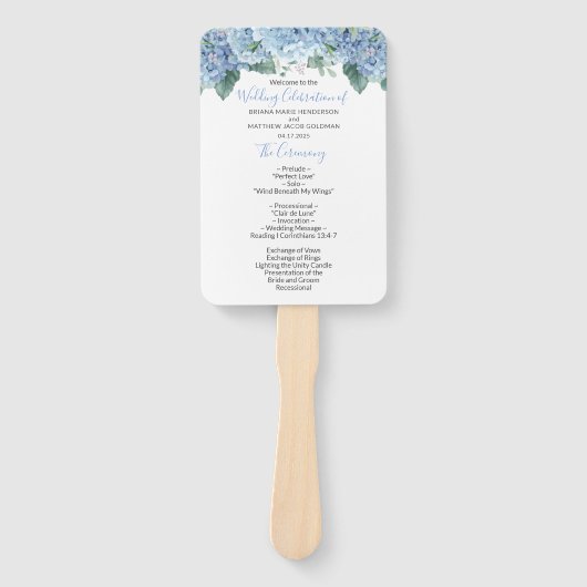 Blue Hydrangeas Floral Wedding Program Hand Fan Fächer (Vorderseite)