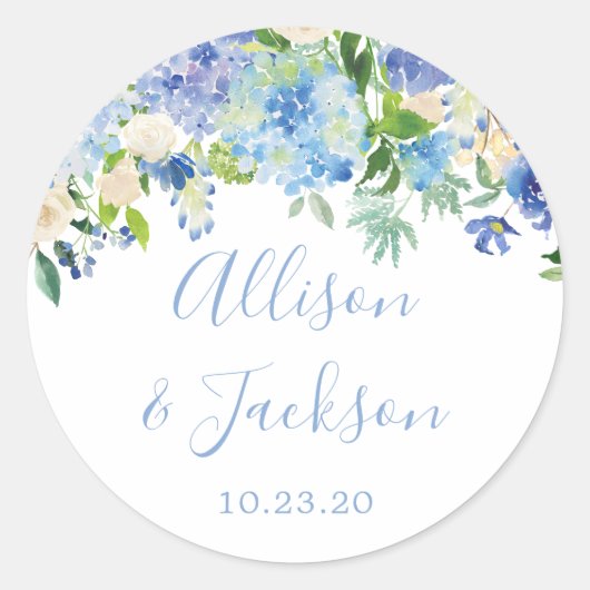 Blue Hydrangeas Floral Wedding Round Sticker (Vorderseite)