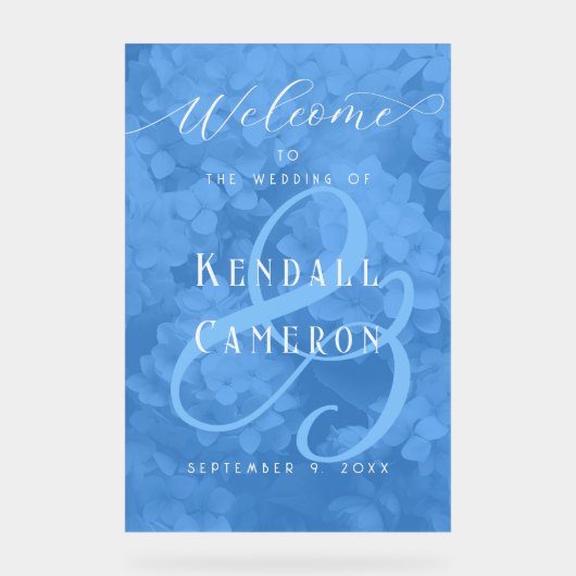 Blue Hydrangeas Floral Wedding Willkommen Acrylschild (Vorderseite)