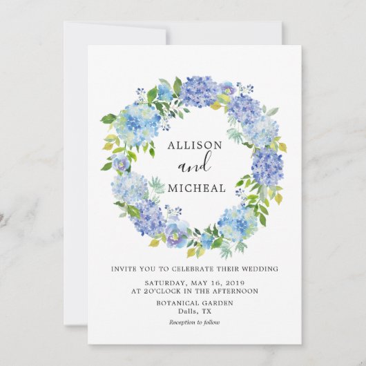 Blue Hydrangeas Floral Wreath Einladung (Vorderseite)