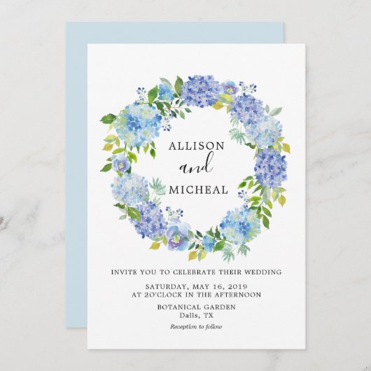 Blue Hydrangeas Floral Wreath Einladung (Vorne/Hinten)