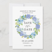 Blue Hydrangeas floral Wreath Save the Data Cards Einladung (Vorderseite)