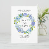 Blue Hydrangeas floral Wreath Save the Data Cards Einladung (Stehend Vorderseite)