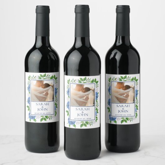 Blue Hydrangeas Foto Wedding Wine Label Weinetikett (Flaschen)