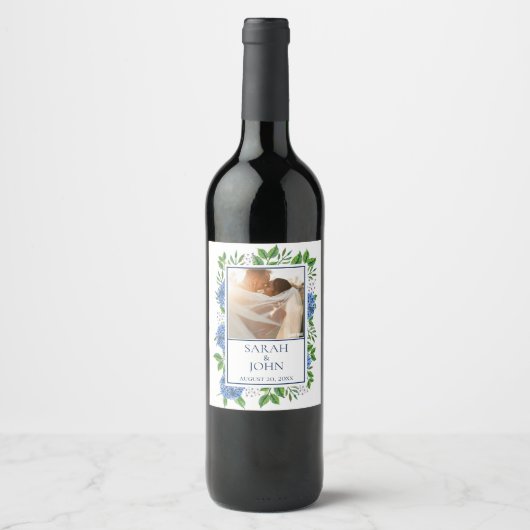 Blue Hydrangeas Foto Wedding Wine Label Weinetikett (Vorderseite)