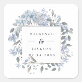 Blue Hydrangeas Frame Watercolor Wedding Quadratischer Aufkleber