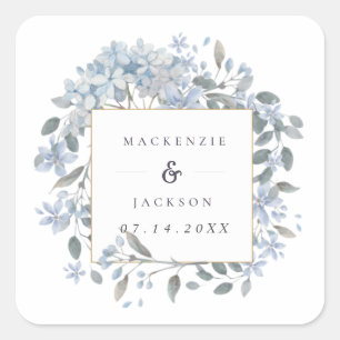 Blue Hydrangeas Frame Watercolor Wedding Quadratischer Aufkleber