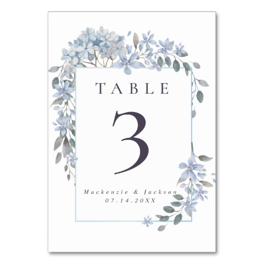 Blue Hydrangeas Frame Watercolor Wedding Tischnummer (Vorderseite)