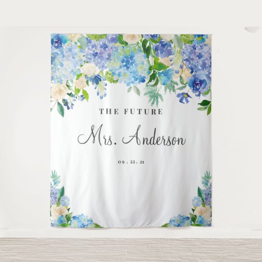 Blue Hydrangeas Future Frau Brautparty Backdrop Wandteppich (Vorderseite)