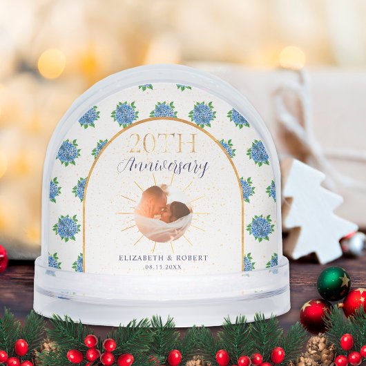 Blue Hydrangeas Gold Custom Photo 20th Anniversary Schneekugeln