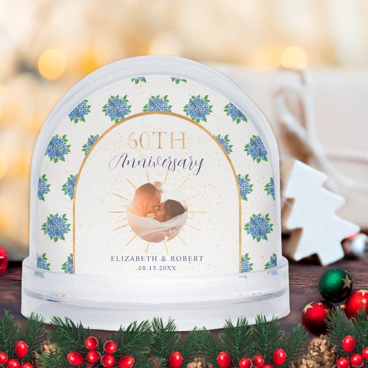 Blue Hydrangeas Gold Custom Photo 60th Anniversary Schneekugeln
