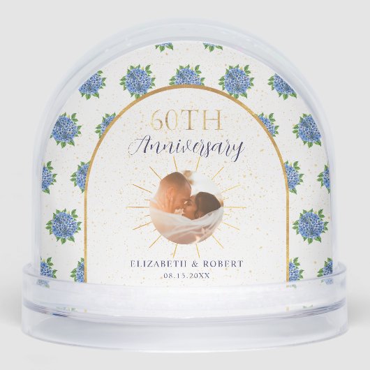 Blue Hydrangeas Gold Custom Photo 60th Anniversary Schneekugeln (Vorderseite)