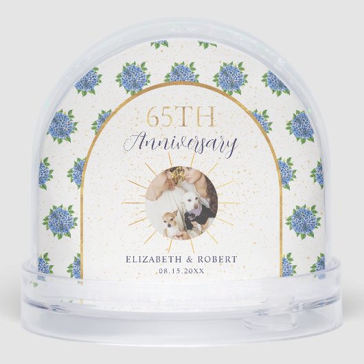 Blue Hydrangeas Gold Custom Photo 65th Anniversary Schneekugeln (Rückseite)