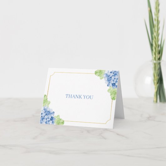 Blue Hydrangeas Gold Frame Wedding Dankeskarte (Vorderseite)