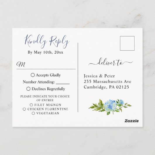 Blue Hydrangeas Hochzeit RSVP mit Wahlmöglichkeit Postkarte (Rückseite)