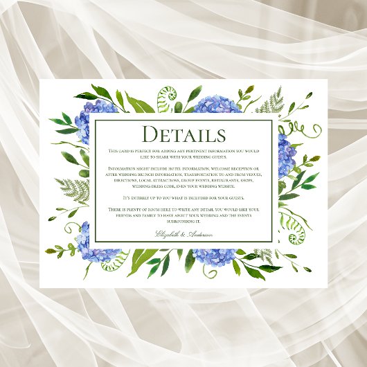 Blue Hydrangeas Hochzeitsdetails Begleitkarte