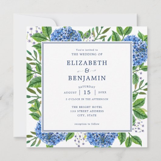 Blue Hydrangeas Hochzeitseinladung mit QR-Code Einladung (Vorderseite)