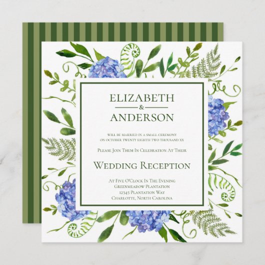 Blue Hydrangeas Hochzeitsempfang Einladung (Vorne/Hinten)