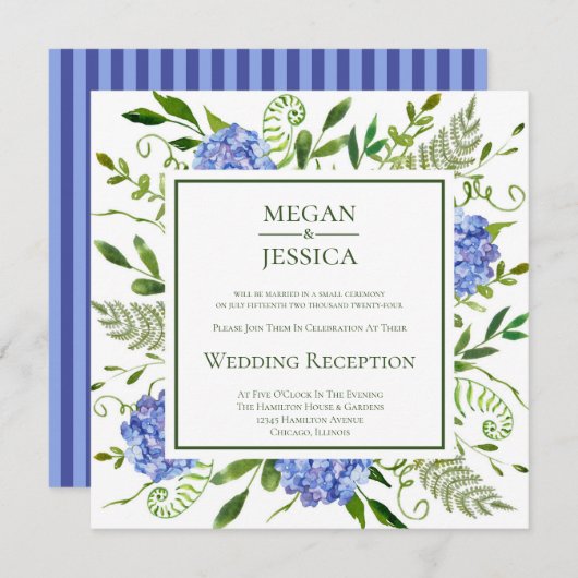 Blue Hydrangeas Hochzeitsempfang Einladung (Vorne/Hinten)