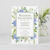 Blue Hydrangeas Hochzeitsempfang Einladung (Stehend Vorderseite)