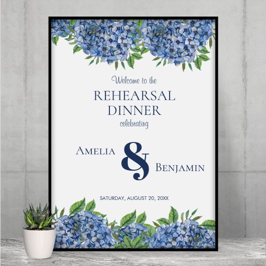Blue Hydrangeas Hochzeitsessen Probe Zeichen Poster
