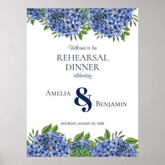 Blue Hydrangeas Hochzeitsessen Probe Zeichen Poster (Vorne)