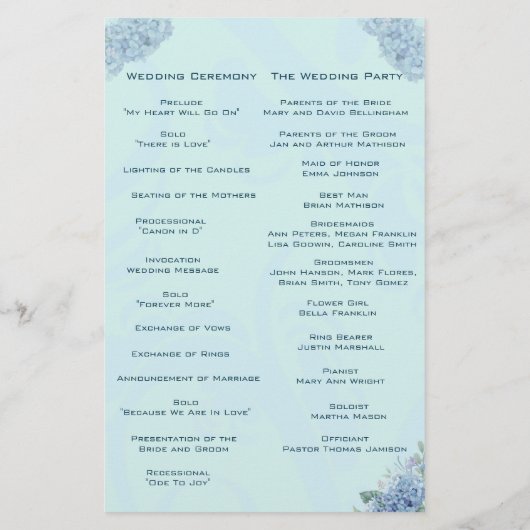 Blue Hydrangeas Hochzeitsprogramm (Rückseite)
