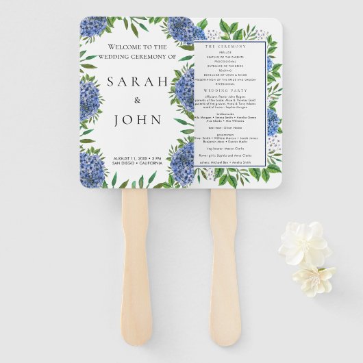 Blue Hydrangeas Hochzeitsprogramm Hand Fan Fächer (Vorne und Hinten)