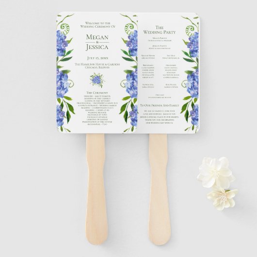 Blue Hydrangeas Hochzeitsprogramm Hand Fan Fächer (Vorne und Hinten)