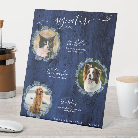 Blue Hydrangeas Holz 3 Foto Signature Pet Drink Sockelschild (In Situ)