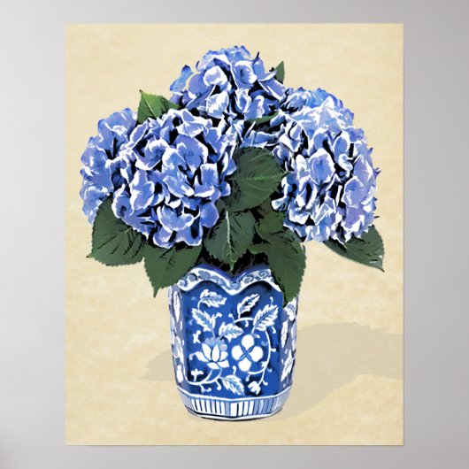 Blue Hydrangeas in Blue Pot auf Pergamentpapier Poster (Vorne)