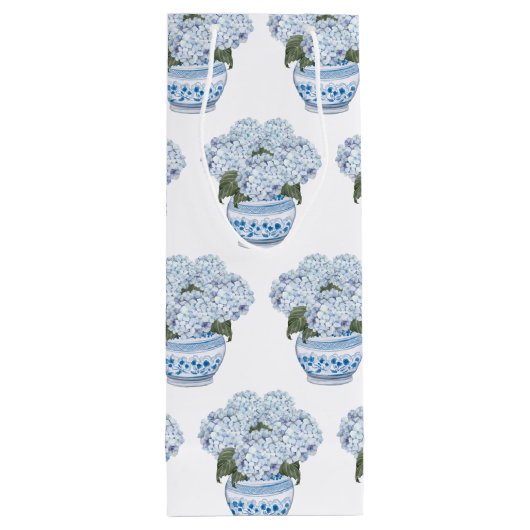 Blue Hydrangeas in Chinoiserie Pot Geschenktüte Für Weinflaschen (Rückseite)
