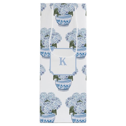 Blue Hydrangeas in Chinoiserie Pot Geschenktüte Für Weinflaschen (Vorderseite)