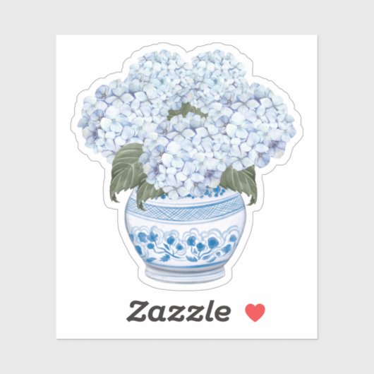 Blue Hydrangeas in Chinoiserie Pot Vinyl Sticker (Blatt)